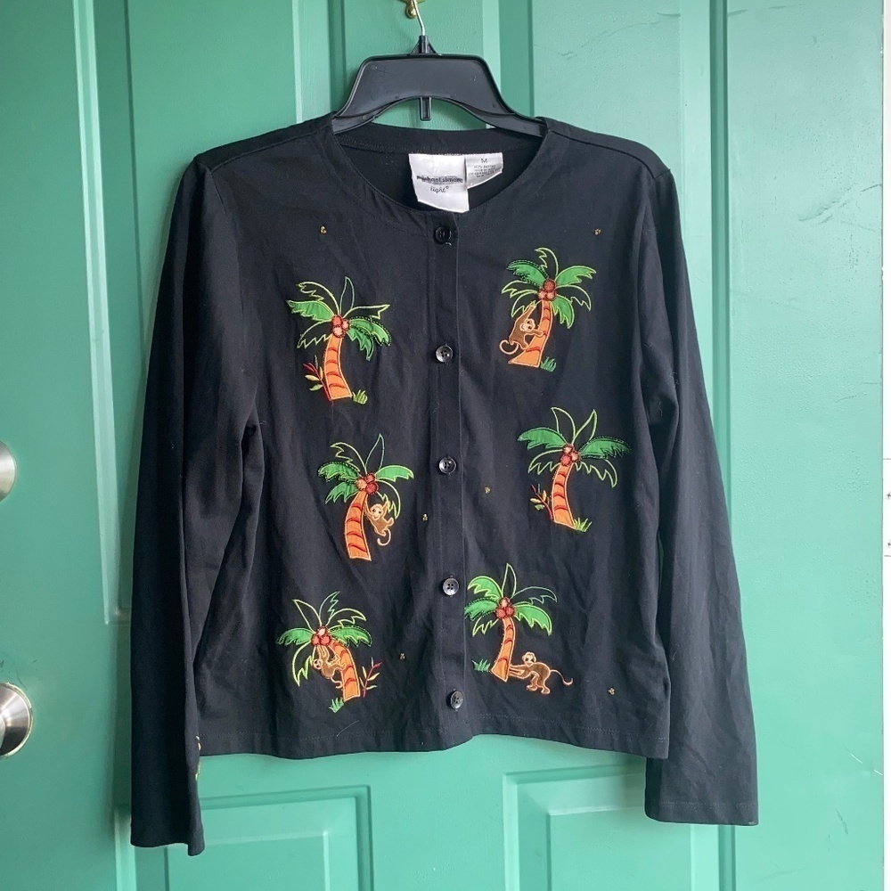 Michael Simon Light Monkeys and Palm Tree Cotton Cardigan Sweater Sz Medium